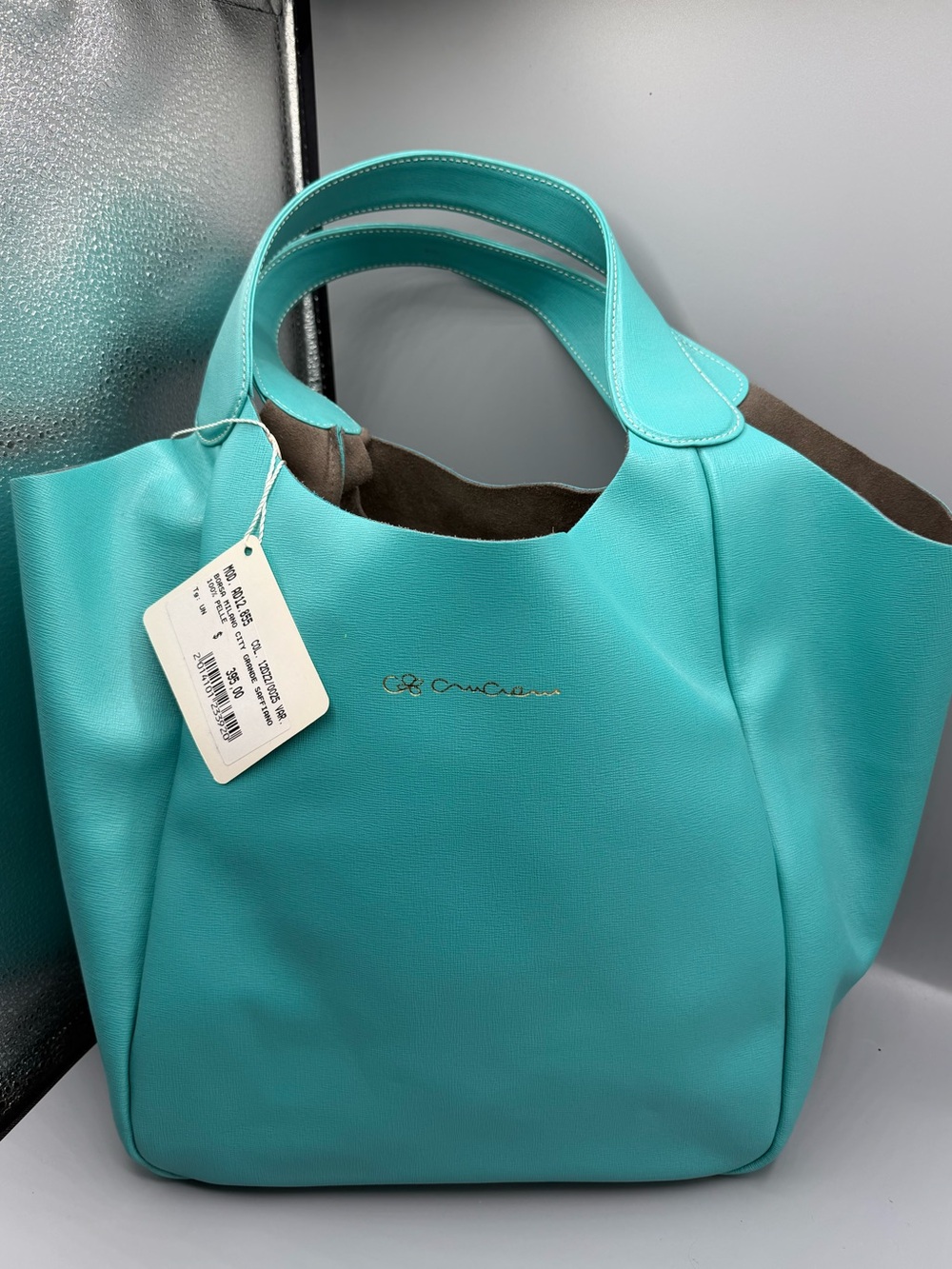 Cruciani Turquoise Tote with Gold Logo